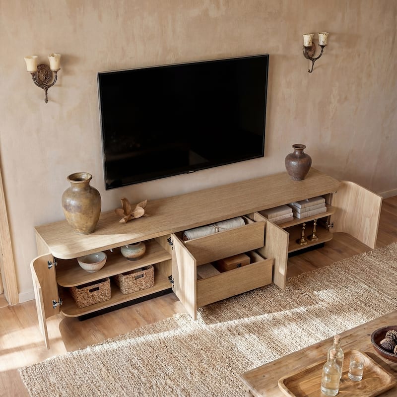 Modern Oak Wood TV Stand with 2 Drawers and Cabinets, 86.6" Long Media Console with Push-to-Open Doors, Anti-Tip Safety Design