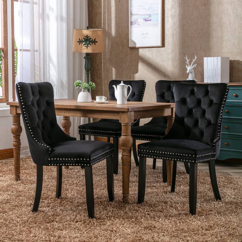 Velvet Dining Chairs Set of 2, Upholstered Dining Chairs with Button Tufted Back, Nailhead Trim & Ring Pull Wingback