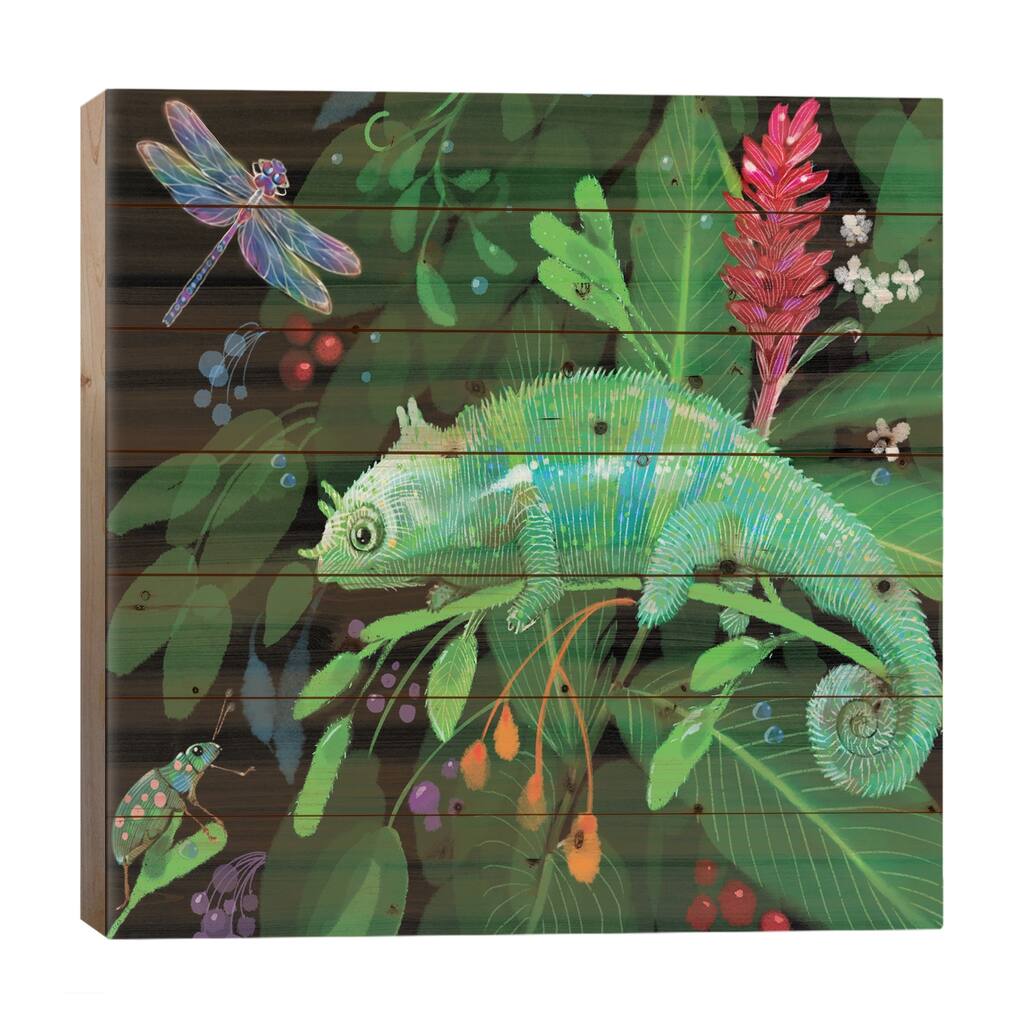 Green Chameleon Print On Wood by Thomas Little - Multi-Color