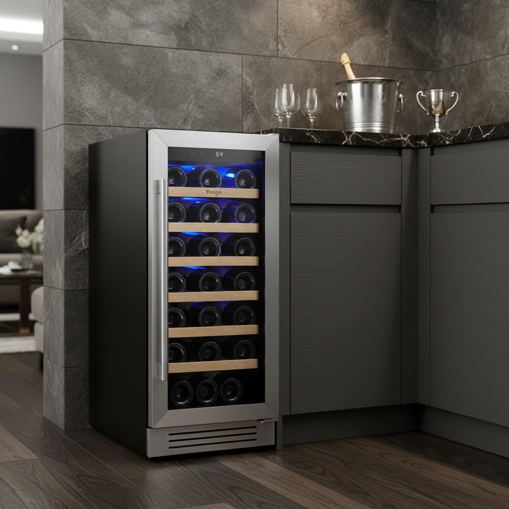 HomeRoots 34" X 15" Silver Stainless Steel Single Compartment Wine Refrigerator