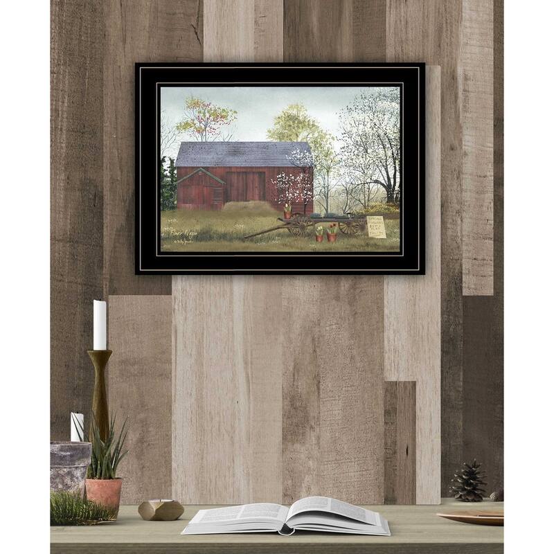TrendyDecor4U Farmhouse "Flower Wagon" Framed Print Wall Art by Billy Jacobs - Red, White, Green, Brown, Yellow, Earth Tones
