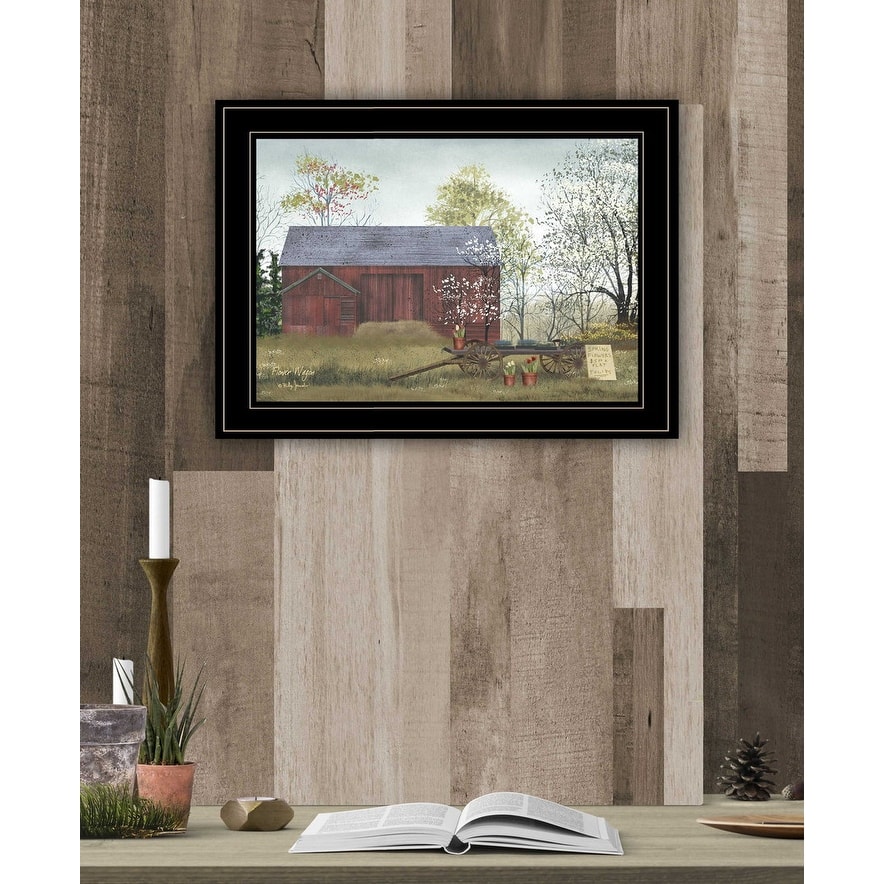 TrendyDecor4U Farmhouse "Flower Wagon" Framed Print Wall Art by Billy Jacobs - Red, White, Green, Brown, Yellow, Earth Tones