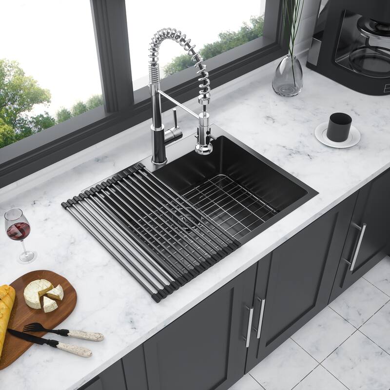 Drop in Kitchen Sink Gunmetal Black Topmount 16 Gauge Deep Single Bowl