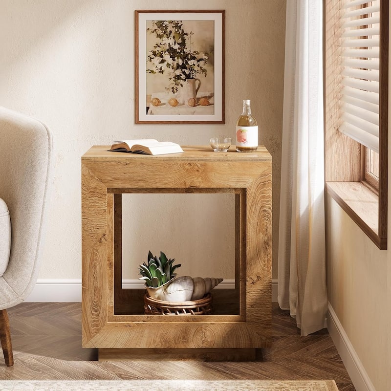 24" Rustic 2-Tier End Table, Side Table with Storage Shelf, Sofa Nightstand for Living Room, Bedroom, Entryway