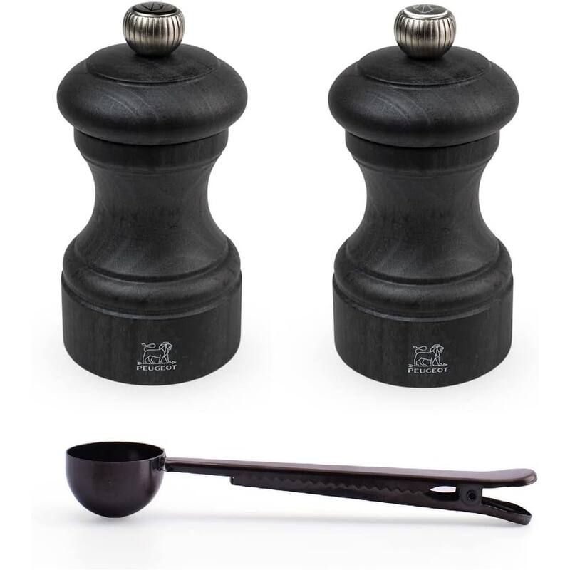 Bistro Manual Salt & Pepper Mill Gift Set - Classic Adjustable Grinder - Beechwood, - With Stainless Steel Spice Scoop/Bag Clip - Black - 3 Piece