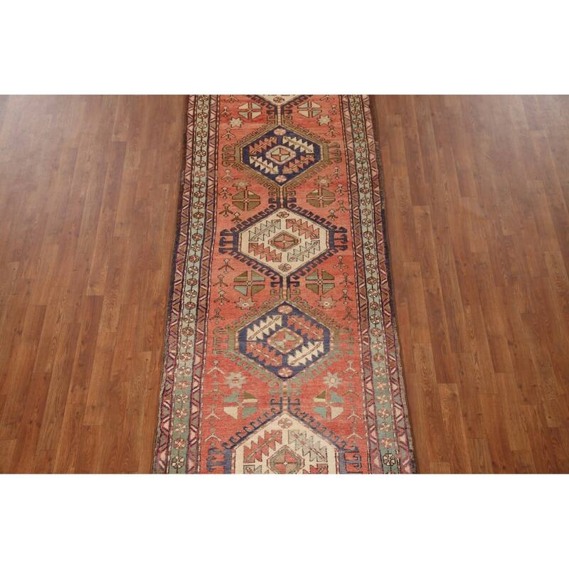 Vegetable Dye Tribal Orange Heriz Persian Vintage Runner Rug - 3'6"x 10'7"