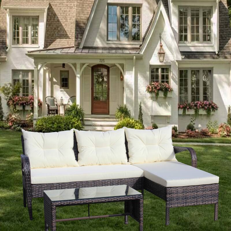 3 piece Conversation set wicker Ratten Sectional Sofa With Seat Cushions
