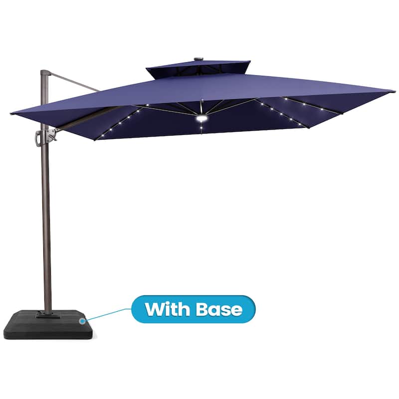 11 FT Outdoor Solar-Powered LED Light Aluminum Double Top Patio Cantilever Umbrella with Fillable Base - Navy Blue with Base