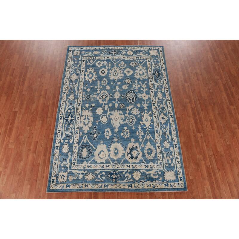 Hand Knotted Oriental 100% Wool Carpet Transitional All-Over Navy Blue & Blues Oushak Area Rug - 9' 4'' X 6' 4''
