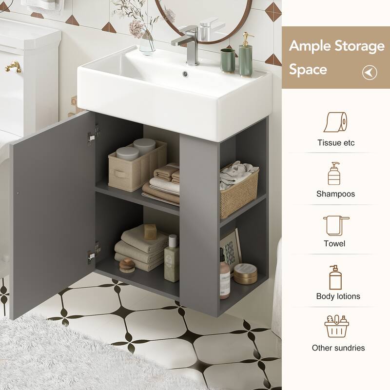 21.6" Floating Bathroom Vanity with Ceramic Basin - Right-Side Storage, Space-Saving for Small Bathrooms