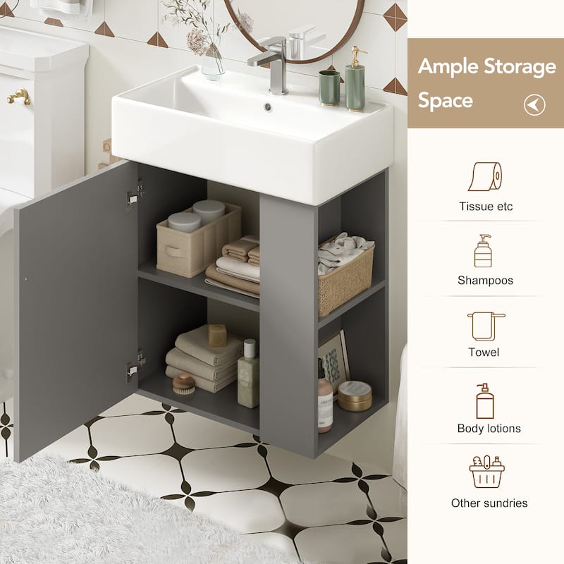 21.6 inch Modern Floating Bathroom Vanity with Ceramic Basin - Perfect for Small Bathrooms, Right side storage