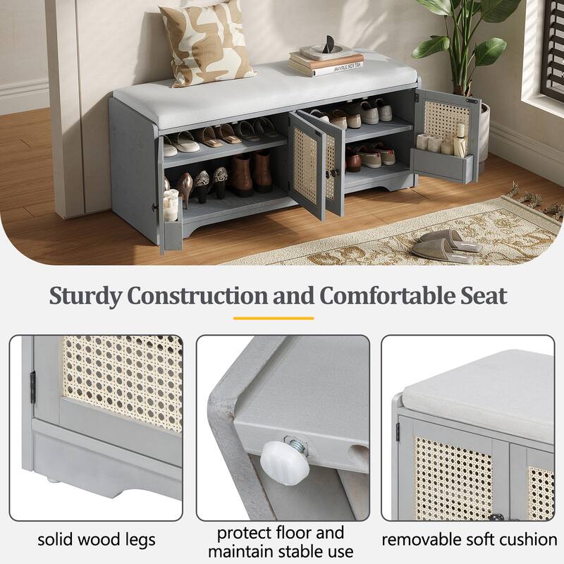 Rustic Woven Rattan Doors Storage Bench with Removable Cushion & Adjustable Shelves