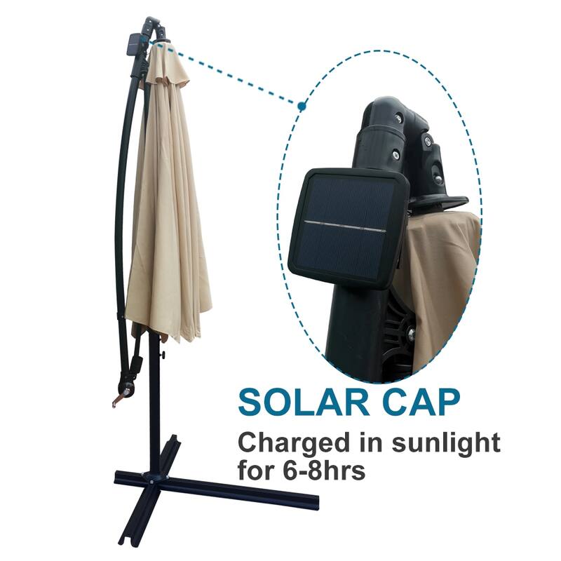 Outdoor Patio Umbrella Solar Powered LED Lighted Sun Shade Market Waterproof 8 Ribs Umbrella with Crank and Cross Base