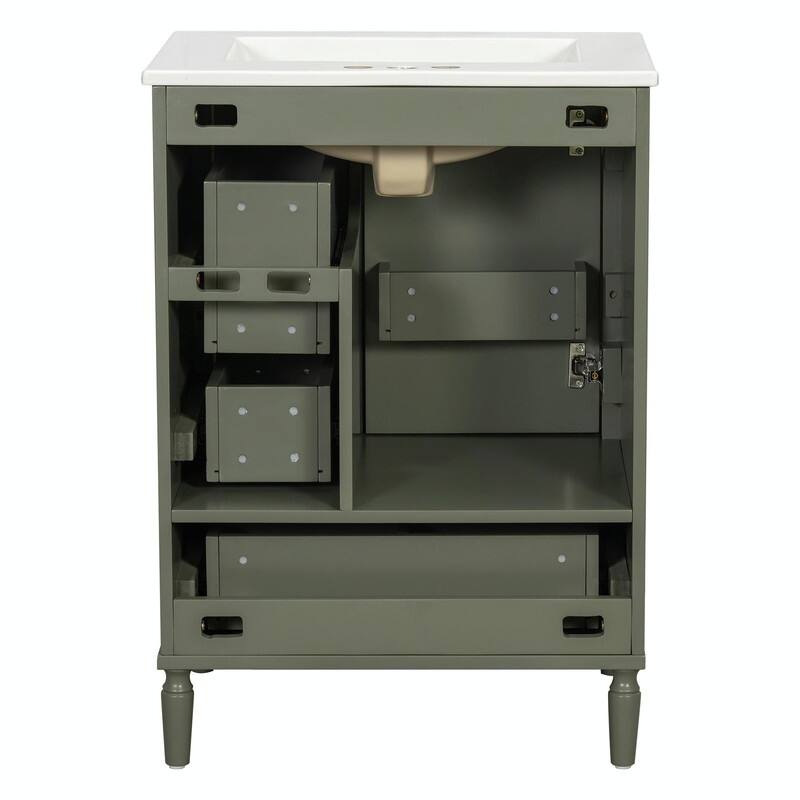 24" Modern Bathroom Vanity with Ceramic Sink, Soft-Close Door, 3 Drawers, Gold Handles & Door Rack