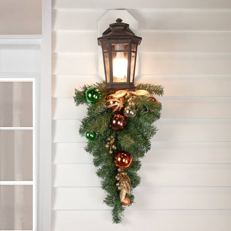 30" Green Foliage and Ornaments Artificial Christmas Teardrop Swag Unlit