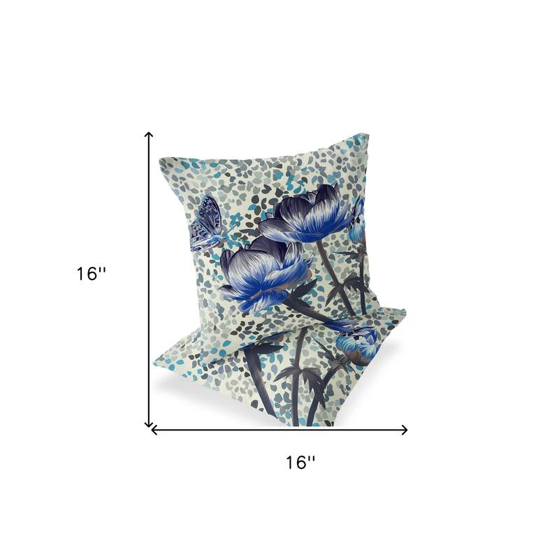 HomeRoots Set of Two 16" X 16" Blue and Green Butterfly Blown Seam Floral Indoor Outdoor Throw Pillow - 16.00' X '16.00' X '5.00