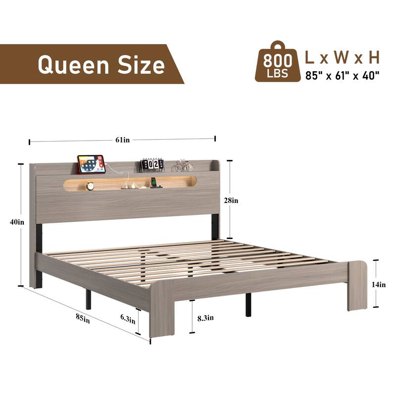 Bed Frame Queen Size, Wood Platform Bed Frame with Storage LED Light Headboard and 2 USB, Noise Free, Large Under Bed Storage