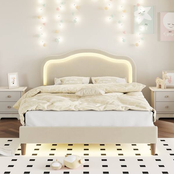 slide 2 of 37, Twin Size Velvet Upholstered LED Bed Frame - Adjustable Height Headboard, Beige Beige