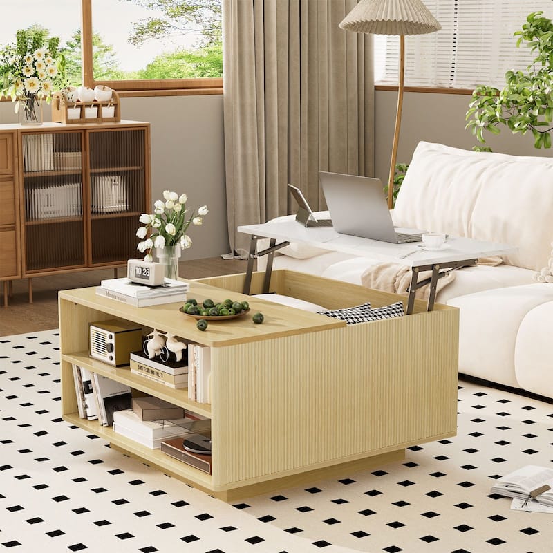 31.5" Fluted Lift Top Coffee Table with Storage, Boho Lift-Top Center Table with Hidden Compartment for Small Space