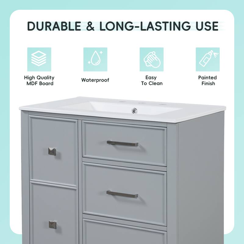 30" Bathroom Vanity with Ceramic Sink, Flip-Out Drawer, Soft Close Doors & Drawers Cabinet with Solid Wood Legs