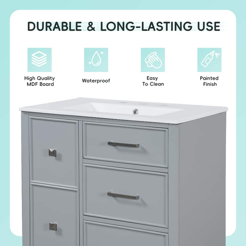 Classic 30-Inch Bathroom Vanity Set‌ - White Painted MDF Cabinet with Ceramic Sink & Flip-Out Plumbing Drawer.