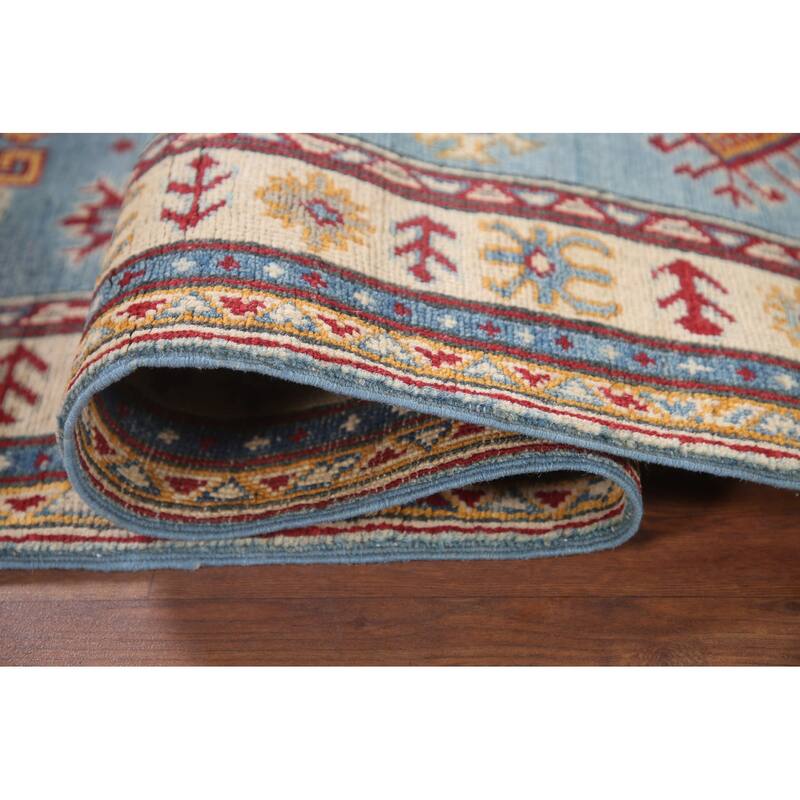 Hand Knotted Oriental 100% Wool Carpet Traditional Geometric Navy Blue & Blues Kazak Runner Rug - 9' 0'' X 2' 9''