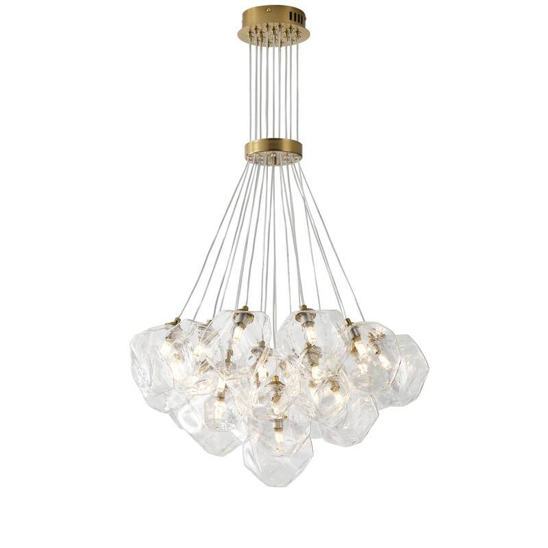 Modern 19-Light Stone Glass Globe Cluster Chandelier in Brass Finish - N/A