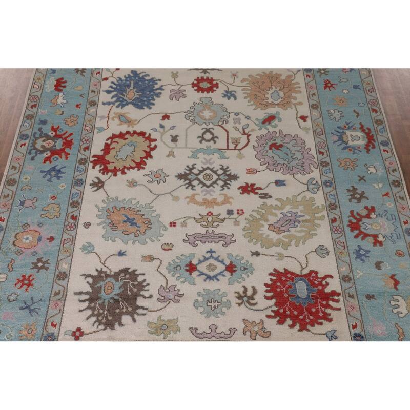 Floral Ivory & Blue Oushak Oriental Area Rug Handmade Wool Carpet - 9'0"x 11'7"
