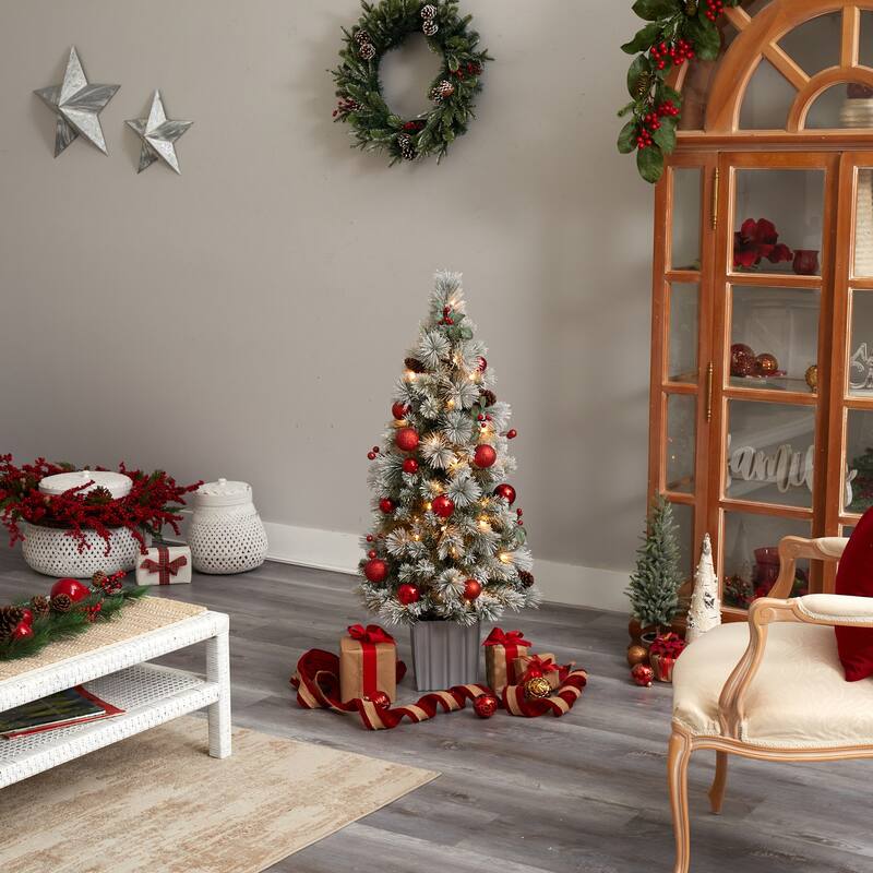 4Ft Pre-Lit Christmas Tree with Ornaments & Planter - Holiday Decor - Red - 48