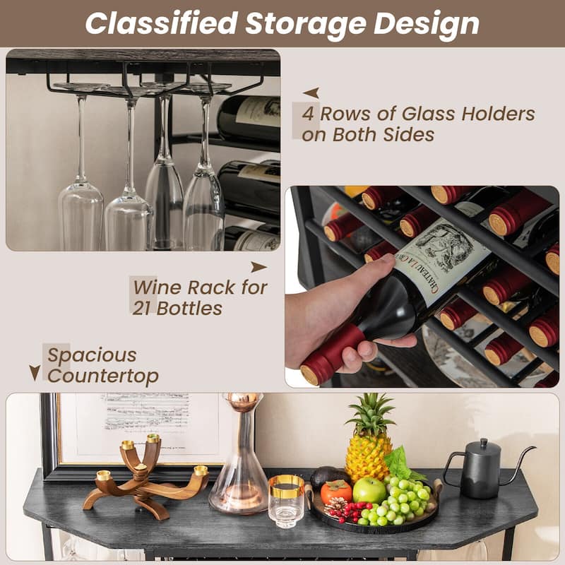 Gymax 3 Tier Wine Bar Cabinet with Storage Shelves Glass Holders