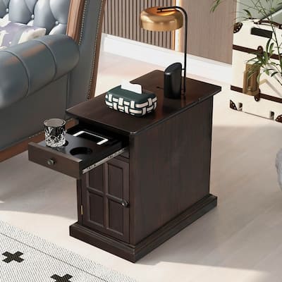 Vintage Wood End Table with USB Ports,1 Drawer with cup holder