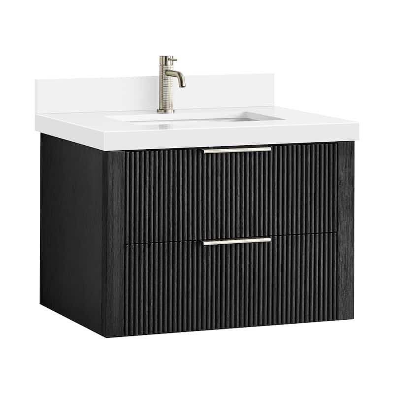 Barcelona Floating Bath Vanity with Quartz Stone Top without Mirror - 30" - Oak Weathered Black