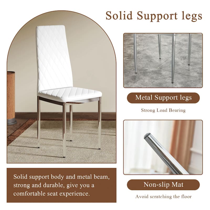 Modern White PU Dining Chairs Set of 4 - Diamond Quilted High Back Design with Silver Chrome Metal Legs