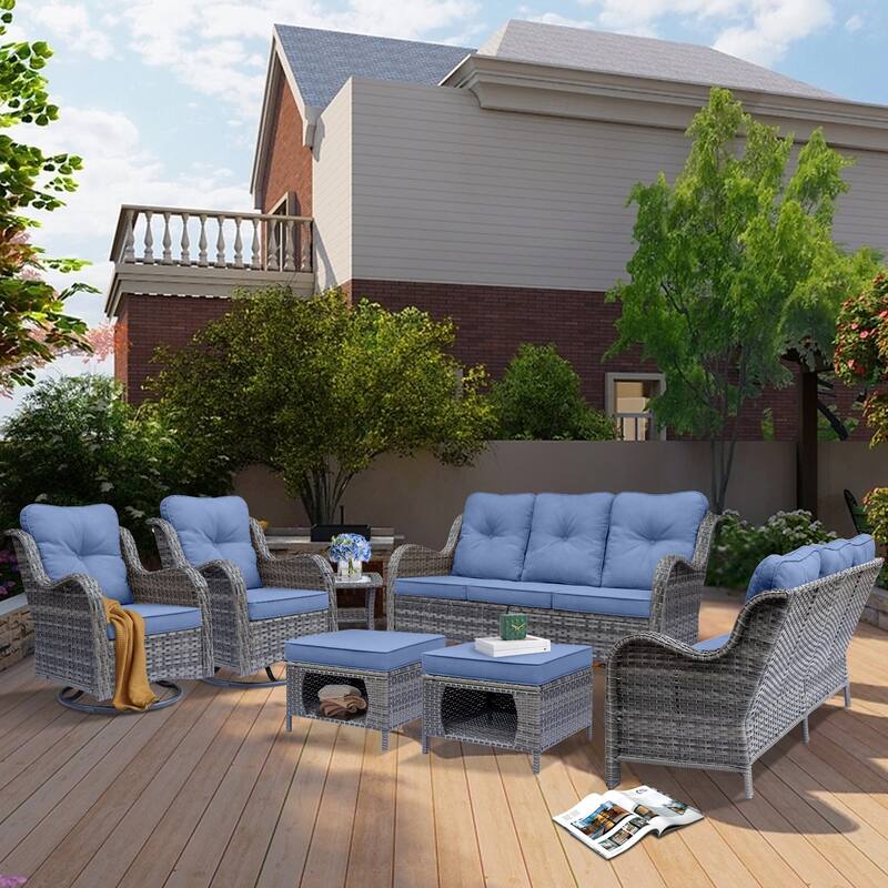 🏕️7-piece Rattan Patio Furniture Set Conversation Set with 360° High Back Swivel Chairs+Storage Ottoman, Cushions Included - Denim Blue