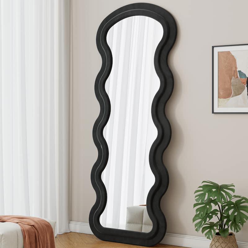 Flannel Full Length Wave Floor Mirror With Stand For Bedroom Living Room Hanging Or Against The Wall - Black