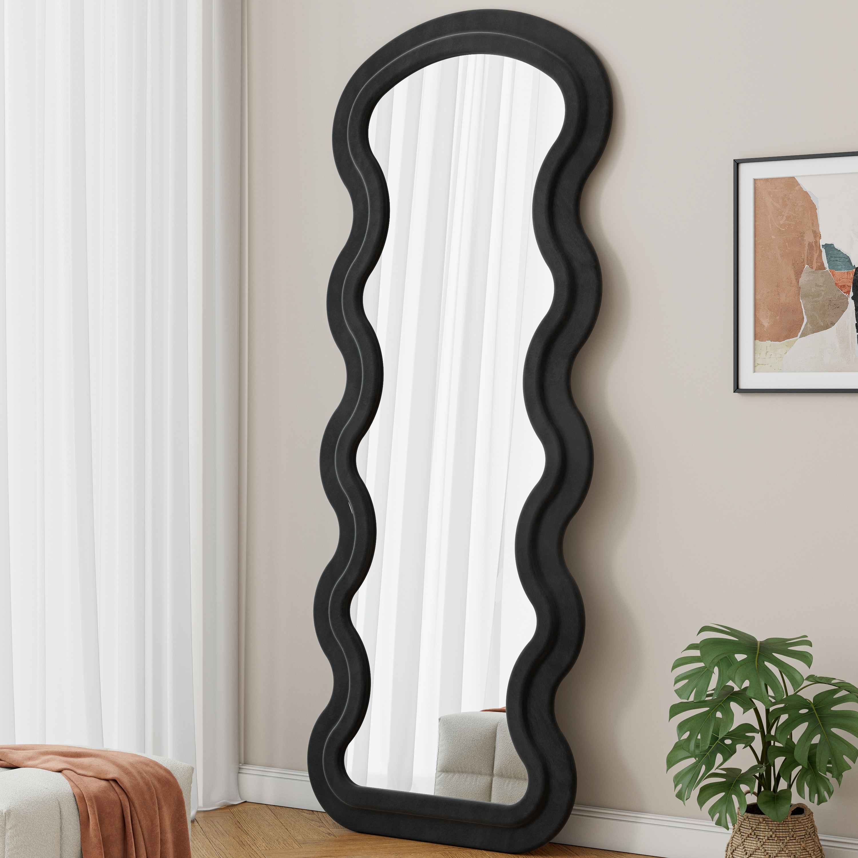 Full Length Wave Floor Mirror with Stand for Bedroom living room Hanging or Against The Wall black