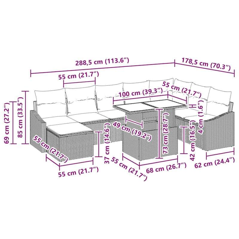 vidaXL 9 Piece Garden Sofa Set with Cushions - 113.6×70.3×27.2