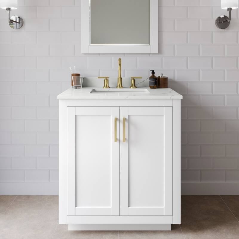 Wyndham Collection WCF292930S-QTZ-US3M24 Miranda 30" Free Standing - White / Giotto Quartz Top / Brushed Gold Hardware