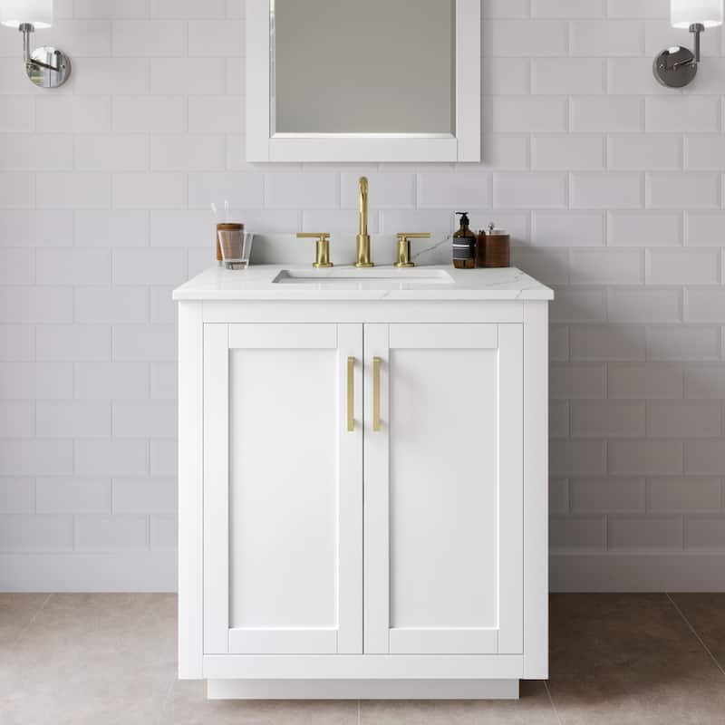 Wyndham Collection WCF292930S-QTZ-US3MXX Miranda 30" Free Standing - White / Giotto Quartz Top / Brushed Gold Hardware