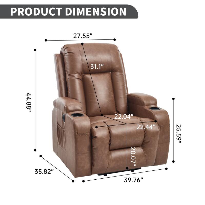 Roomfitters Heavy Duty Power Lift Recliner, PU Leather Massage Chair with Heat, USB Port and Dual Cup Holders