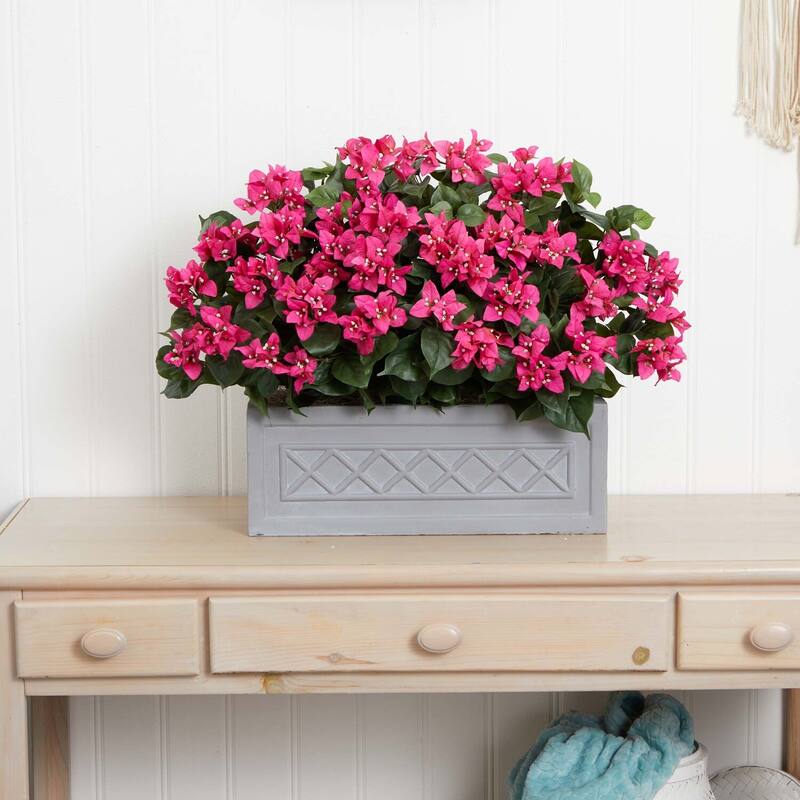30in Bougainvillea Artificial Plant with Pink Blossoms in Cement Stone Planter for Indoor Home Decor