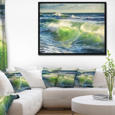 Designart "Sunrise and Shining Waves in Ocean" Beach Photo Framed Canvas Print