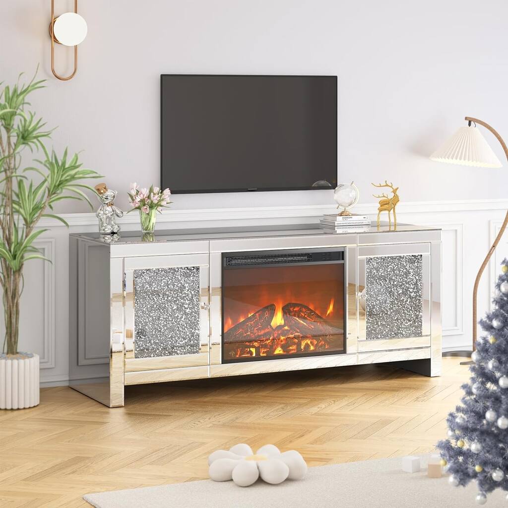 Mixoy Mirrored Electric Fireplace TV Stand,Mantel Freestanding Heater,3D Realistic Flame Effect,Entertainment Center Furniture
