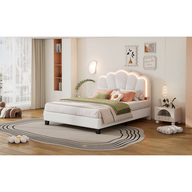 Sherpa Upholstered Flower-Shape Bed, Twin/Full Size, Adjustable LED Light Headboard, Modern Platform Bed with Wooden Slats
