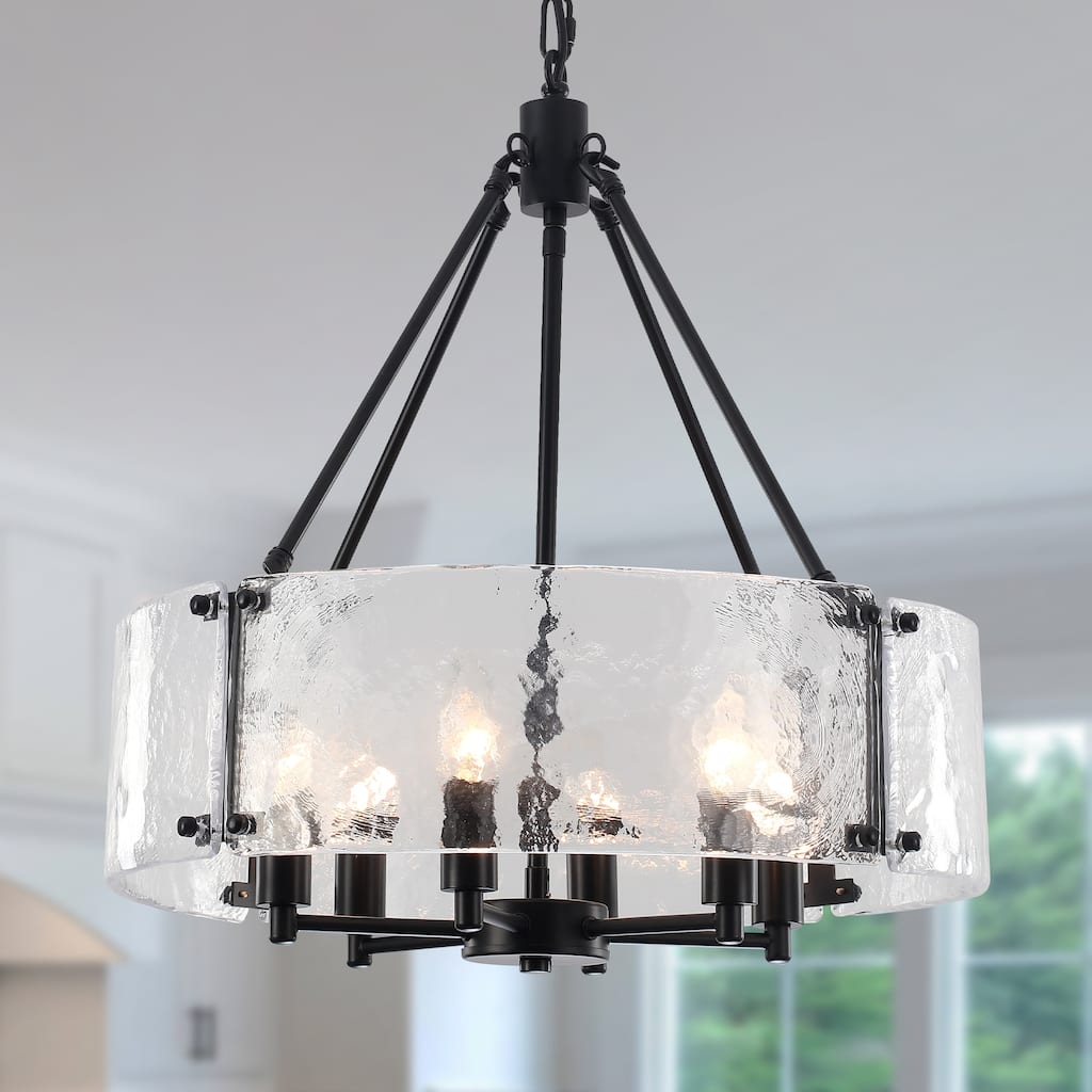 Modern 19.68 in. 6-Light Dimmable Drum Candle Chandelier with Ripple Glass Shade
