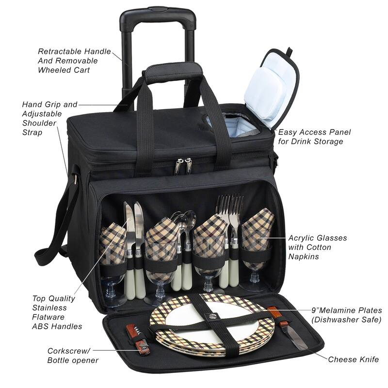 Picnic at Ascot Equipped 4-Person Insulated Rolling Picnic Set