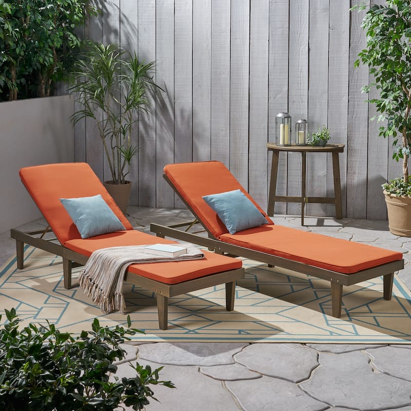 Nadine Outdoor Modern Cushioned Acacia Chaise Lounges (Set of 2) by Christopher Knight Home - Teak Finish+Rust Orange