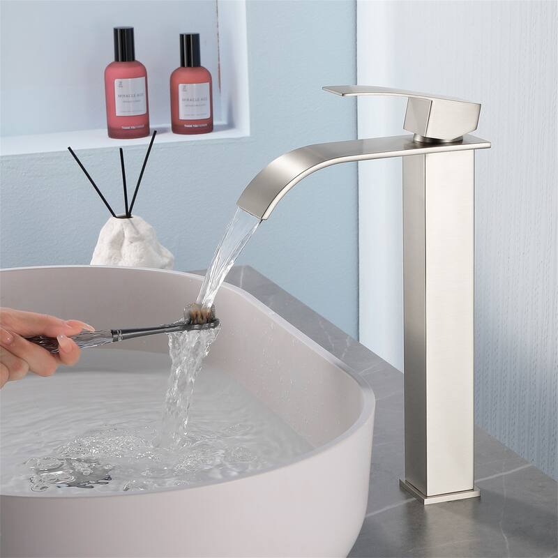 Single Handle Waterfall Bathroom Vessel Sink Faucet with Pop-up Drain 304 Stainless Steel 1 Hole High Tall Basin Vanity Faucets