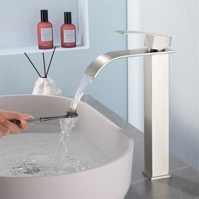Single Handle Waterfall Bathroom Vessel Sink Faucet with Pop-up Drain 304 Stainless Steel 1 Hole High Tall Basin Vanity Faucets