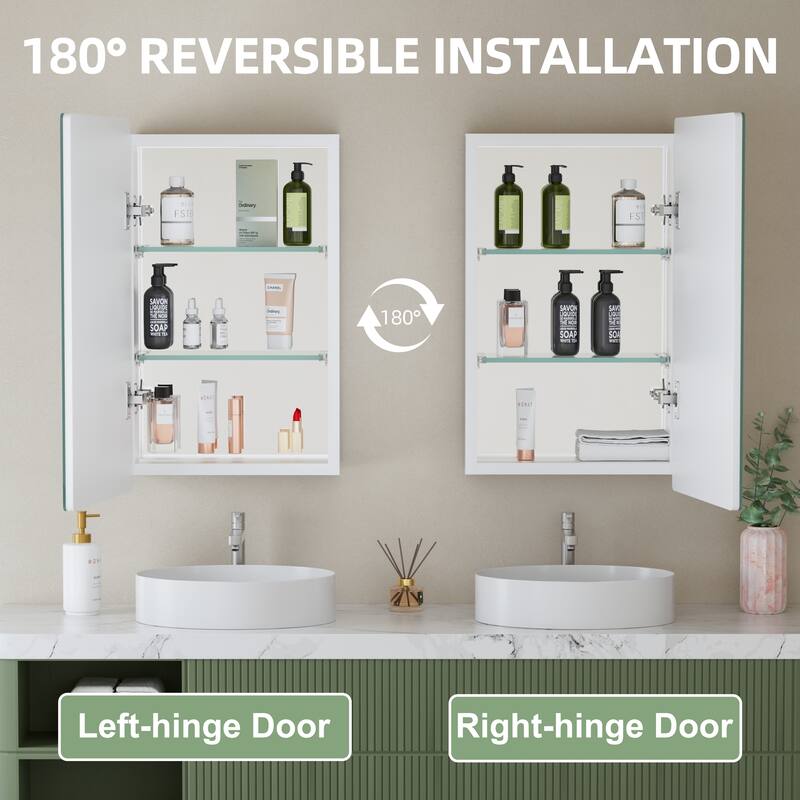 Mira Rectangular Frameless Medicine Cabinet with Mirror, Sliding Adjustable Glass Shelves, Reversible Door
